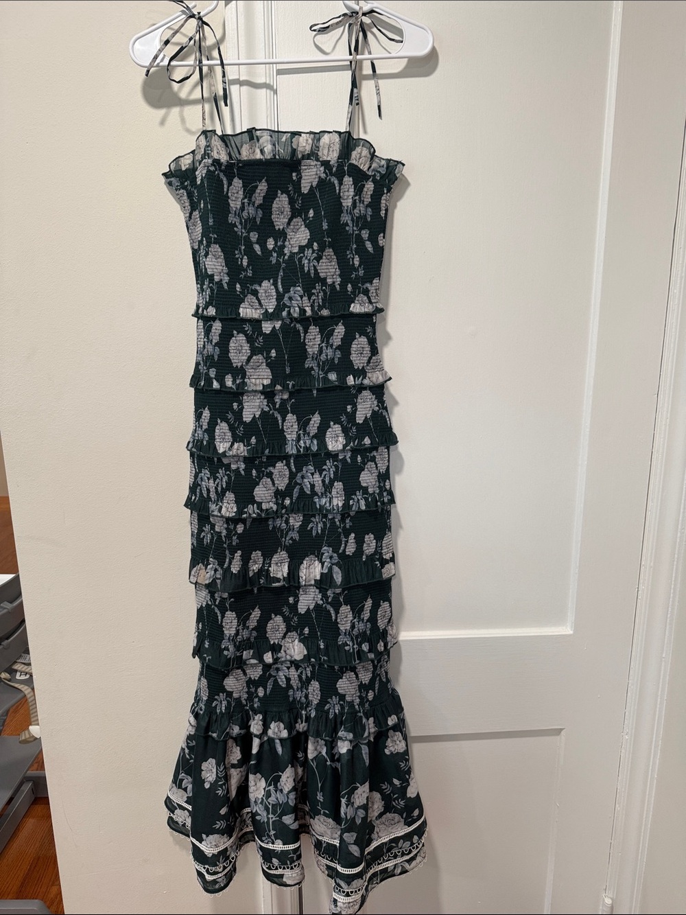 V. Chapman Geranium Ruched and Ruffled Maxi Dress Emerald